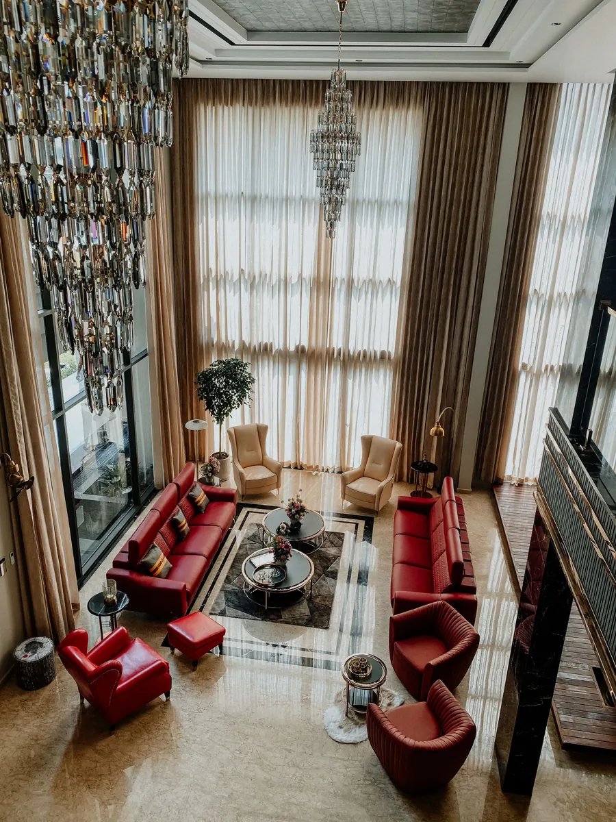Grand living room with chandeliers