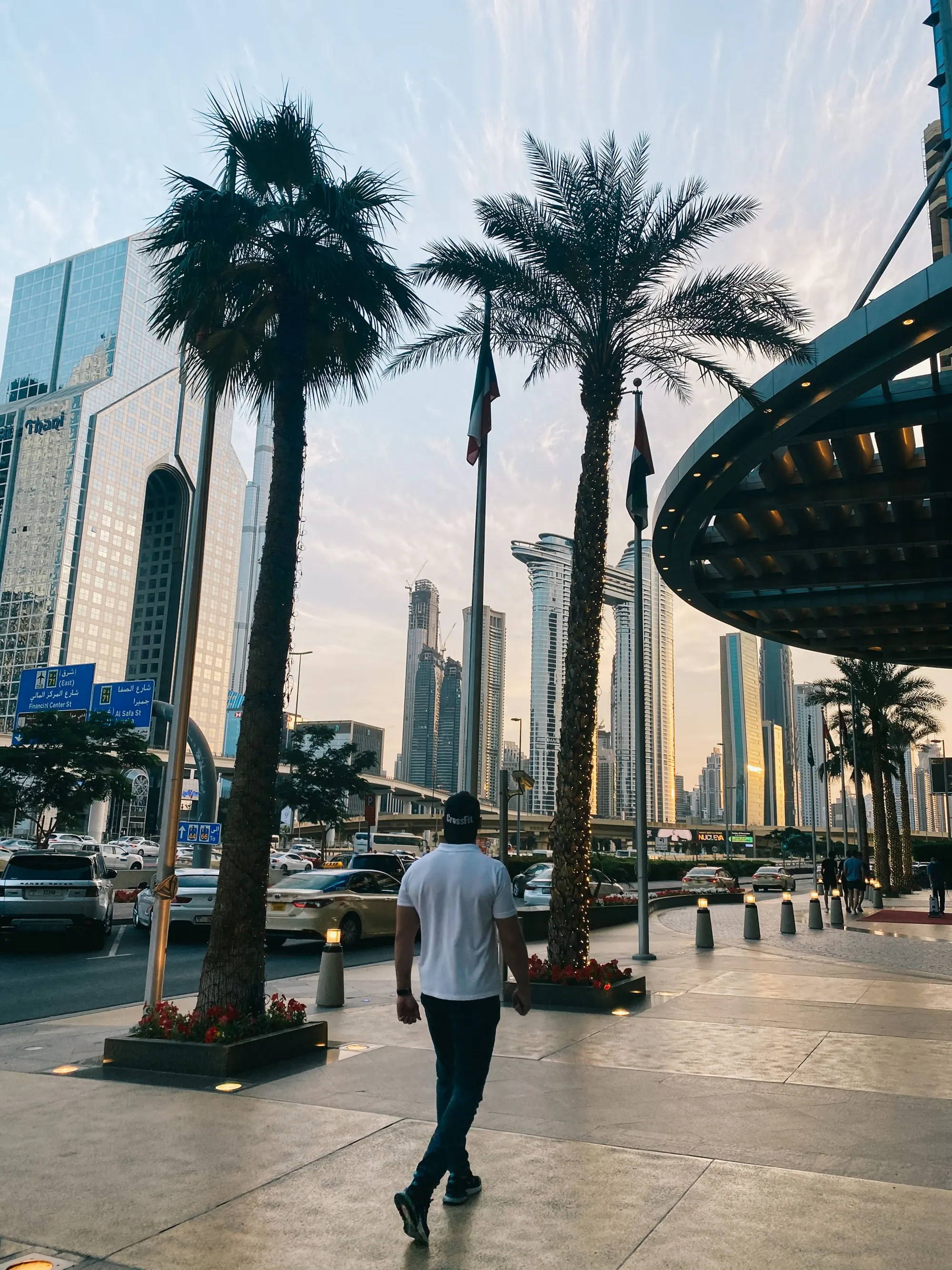 Man walking on a palm-lined Dubai street