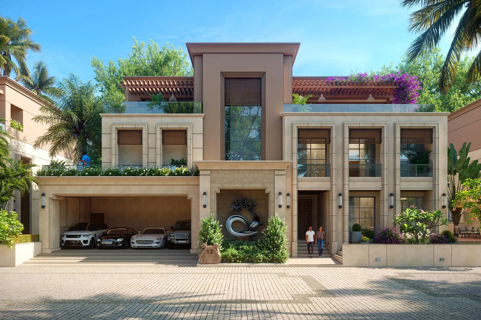 Luxury villa with garden and cars